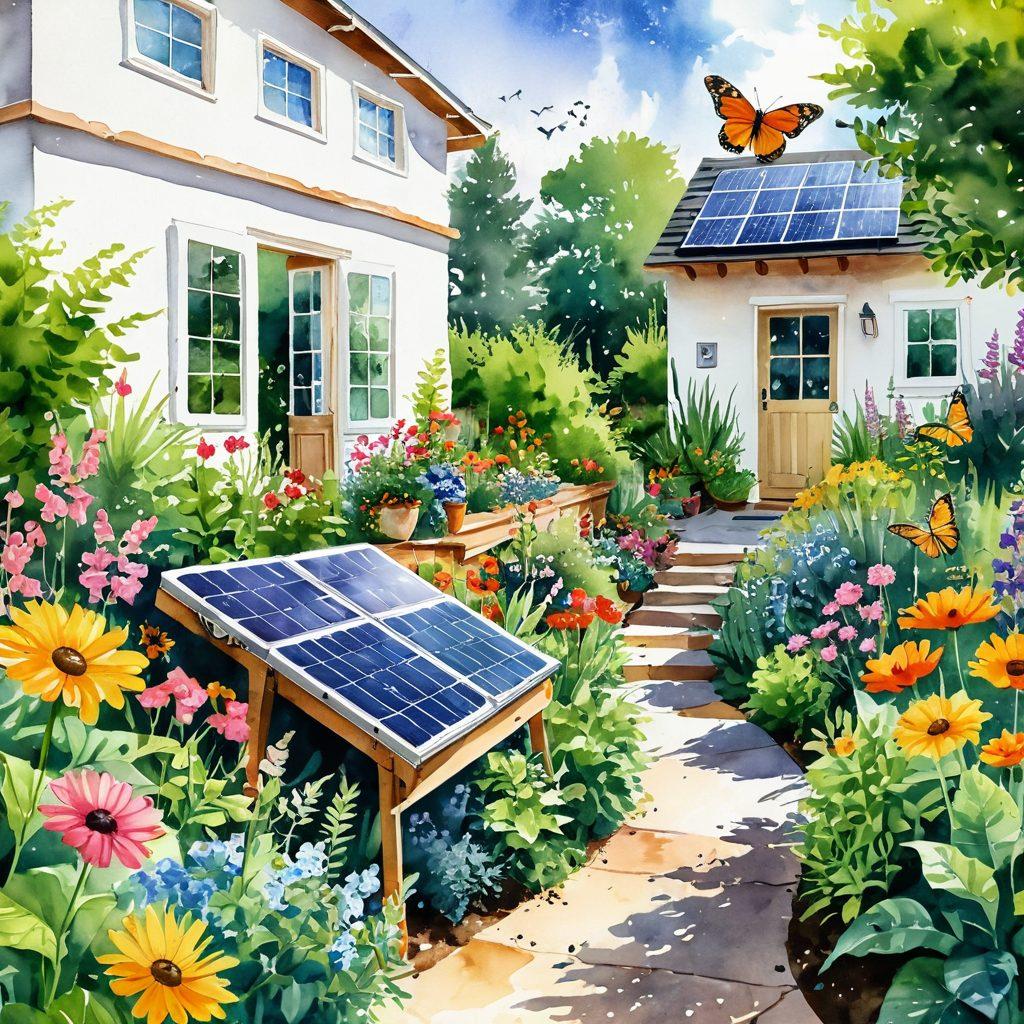 A bright and cheerful eco-friendly garden filled with diverse plants, vibrant flowers, and sustainable elements like solar panels and rainwater collectors. People of various backgrounds are joyfully interacting in the space, promoting community and happiness. Soft sunlight filters through lush greenery, creating a serene atmosphere. Incorporate butterflies and bees to represent a thriving ecosystem. watercolor illustration. vibrant colors. white background.