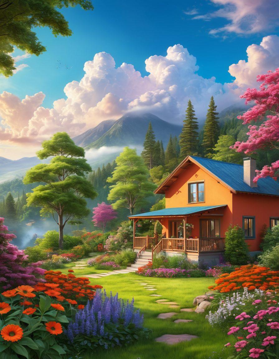 A serene landscape showcasing a harmonious blend of nature and human habitats, with vibrant green trees, blooming flowers, and colorful homes nestled among the flora. Include joyful people interacting with their environment, practicing sustainable living, and engaging in wellness activities like yoga or gardening. The sky is bright and filled with soft, fluffy clouds, creating an atmosphere of positivity and tranquility. super-realistic. vibrant colors. light and airy.