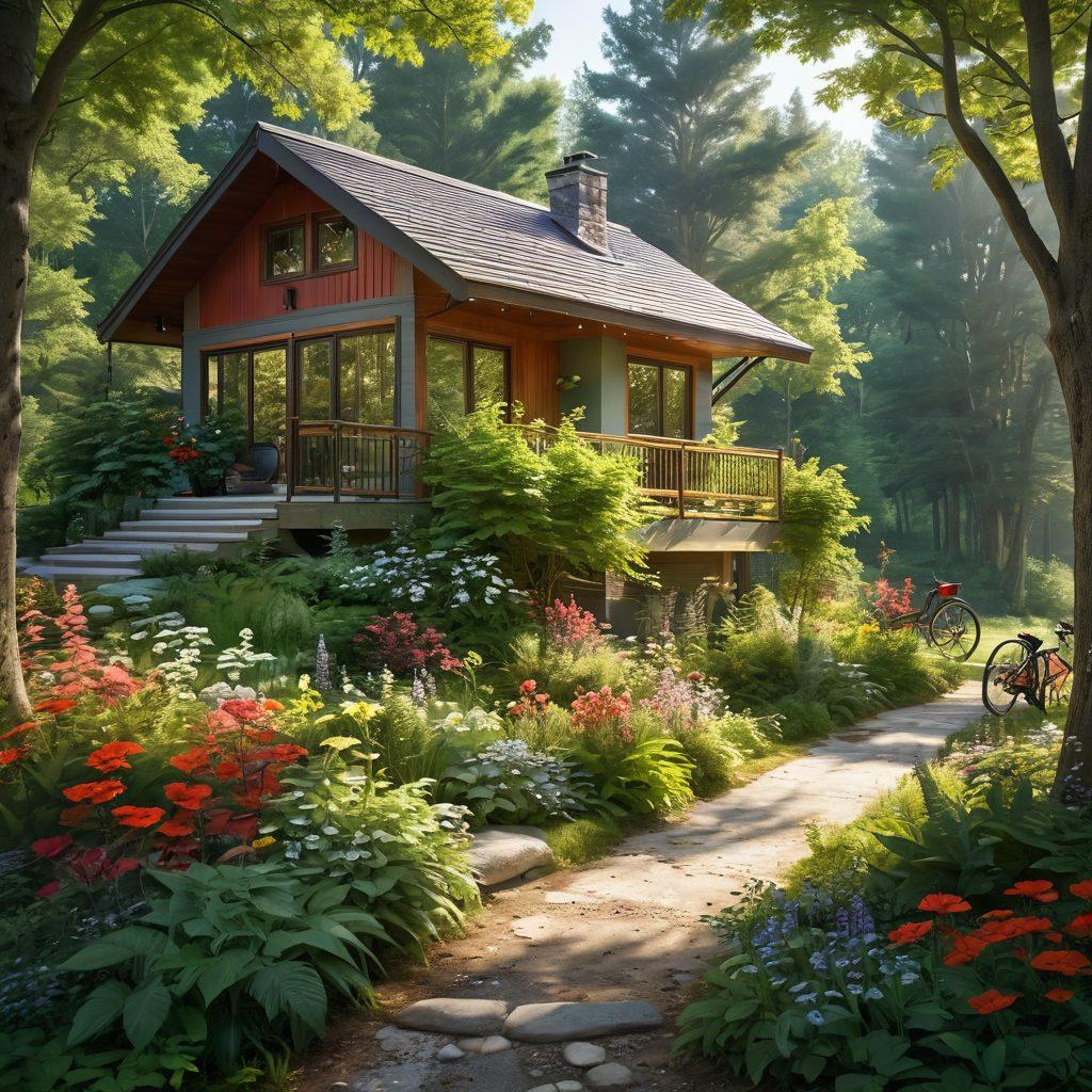 A serene landscape showcasing a vibrant forest with sunlight filtering through the leaves, a small eco-friendly home integrated into the surroundings, surrounded by lush greenery and blooming flowers. Include a happy family engaging in outdoor activities like gardening and bicycling, representing harmony with nature. The scene should evoke a sense of tranquility and joy. vibrant colors. super-realistic.